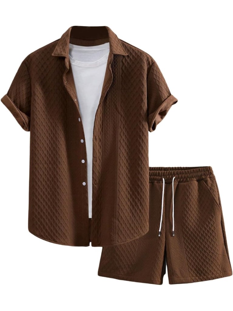 Men's Brown 2 Piece Outfits Waffle Knit Button Down Shirt Top And Shorts Set